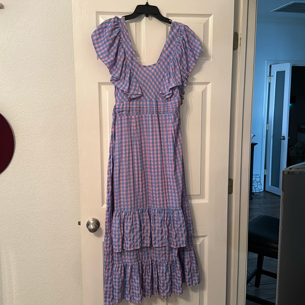 Blue and pink checkered ruffle dress